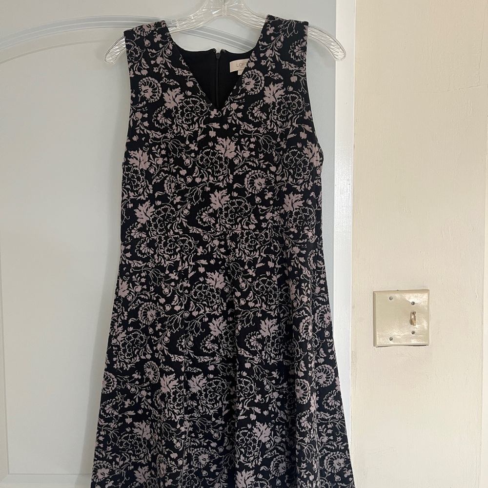 LOFT Black and Taupe Floral Midi Dress